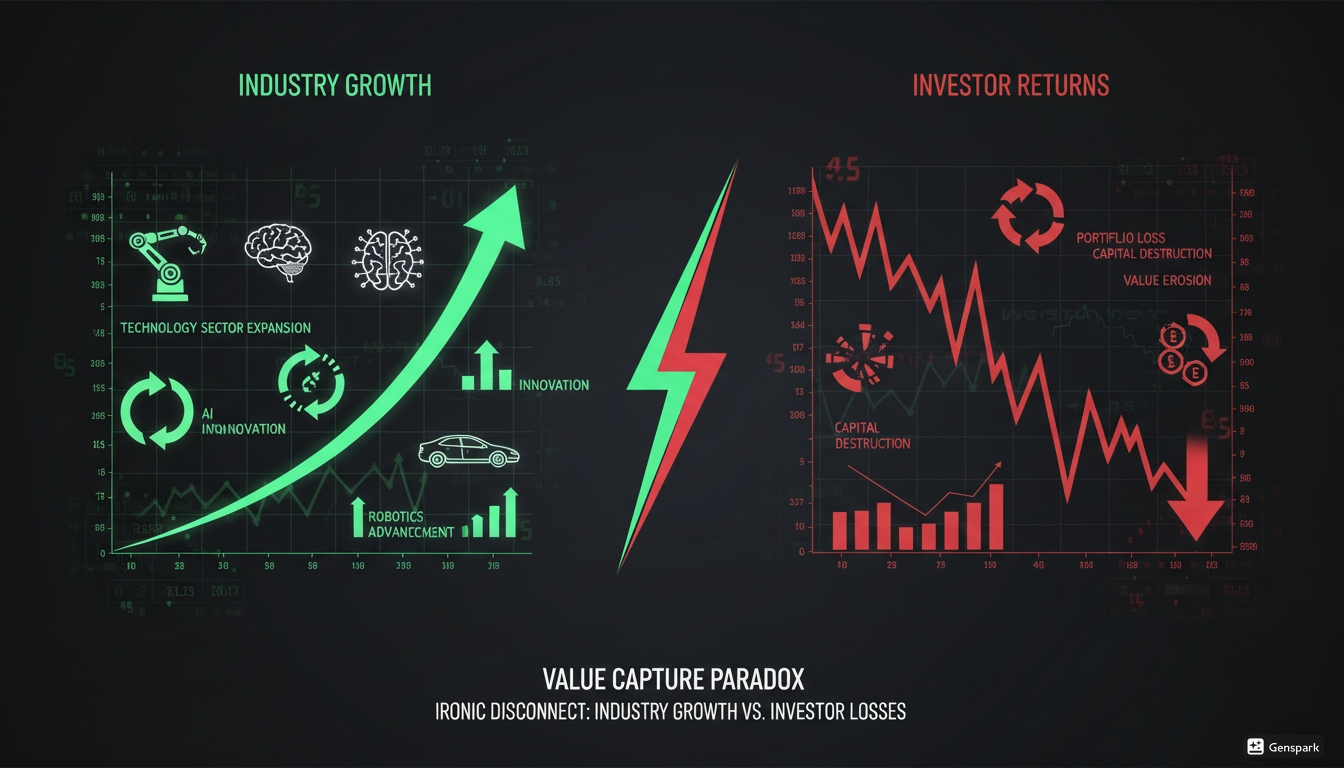 성장 산업과 투자 수익의 괴리를 보여주는 그래프 이미지