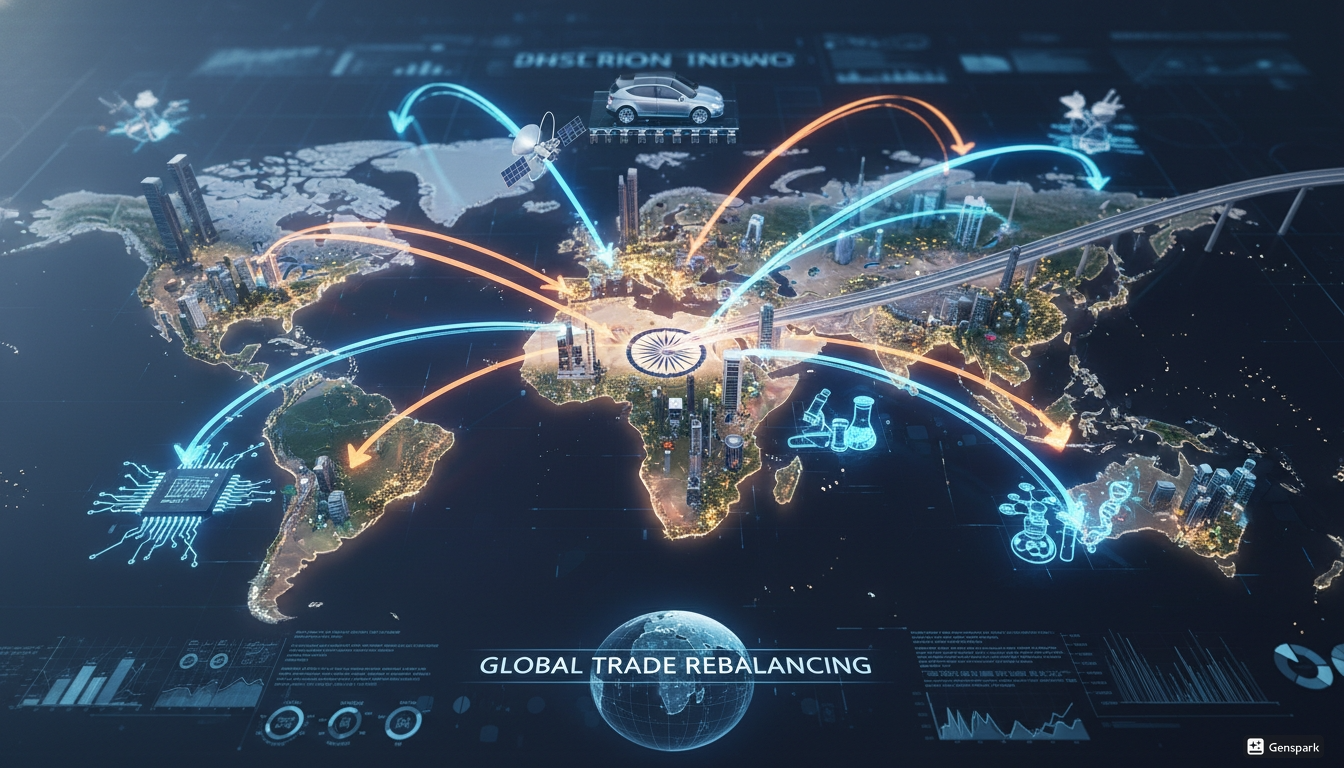 인도를 중심으로 글로벌 공급망과 첨단 산업이 재편되는 모습을 표현한 이미지