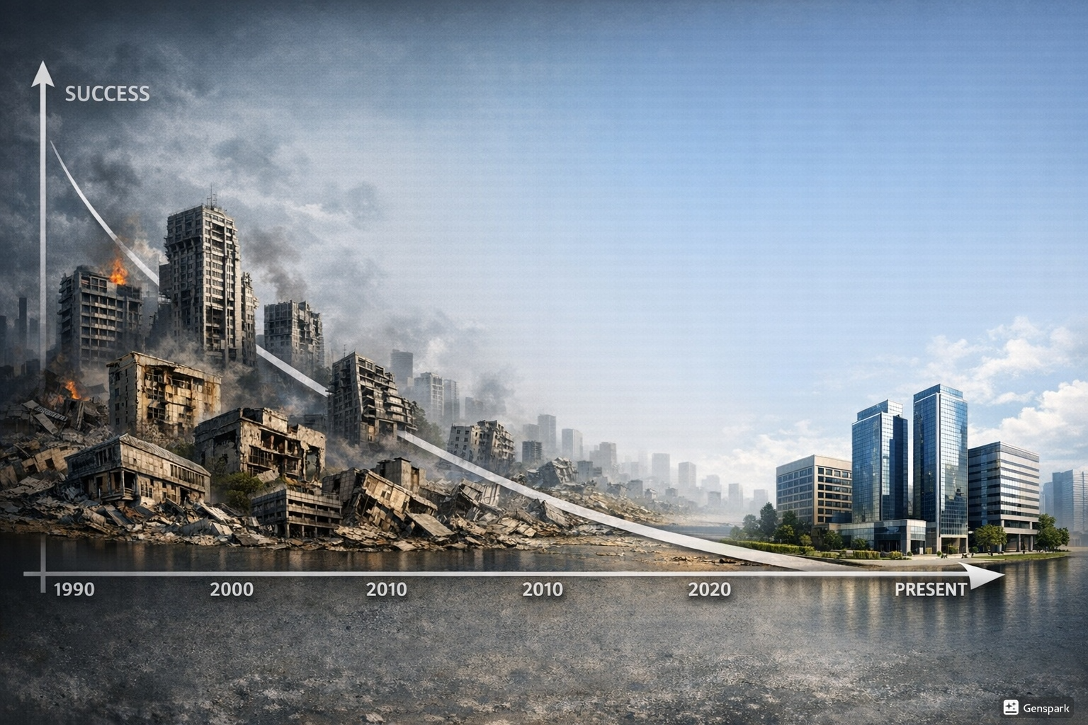 시간의 흐름을 상징하는 그래프 위에서 일부 기업은 사라지고, 소수의 기업만 끝까지 살아남는 모습, 대비되는 장면, 견고하게 유지되는 기업과 무너지는 기업을 함께 표현, 장기 생존과 경쟁력을 상징하는 이미지, 차분하고 신뢰감 있는 분위기, 현실적이고 디테일한 스타일