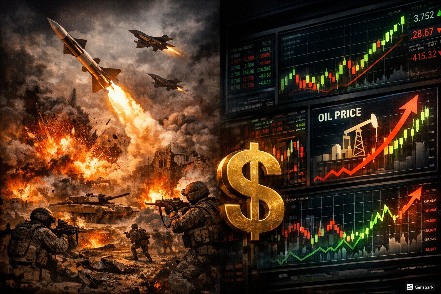 전쟁 상황을 배경으로 미사일과 폭발 장면이 펼쳐지는 가운데, 동시에 금융시장 그래프와 달러 기호, 유가 상승선이 겹쳐 표현된 이미지로 전쟁과 글로벌 시장 변동성의 관계를 상징적으로 보여주는 장면