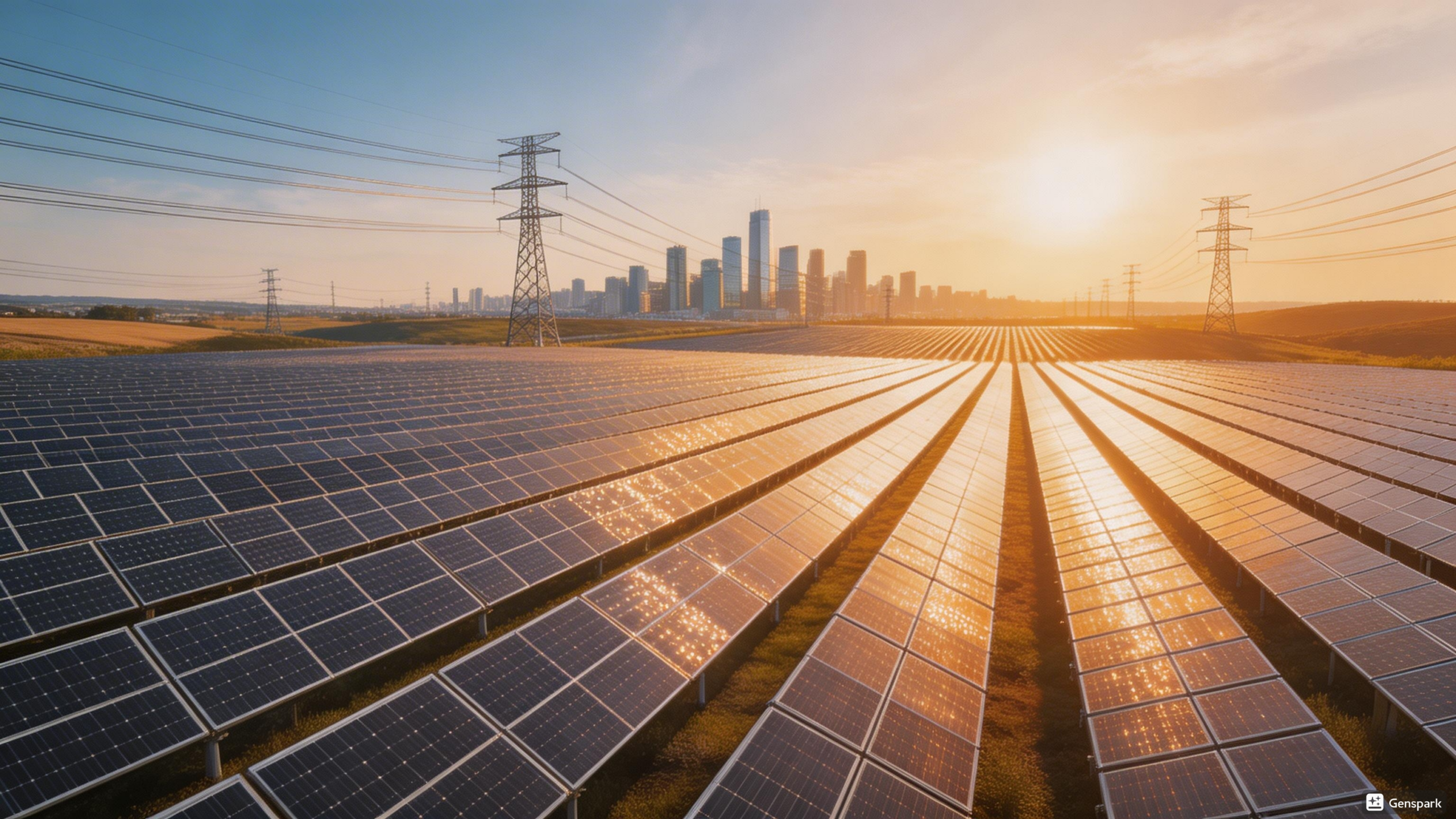 태양광 패널과 도시 전력 인프라가 연결된 미래 에너지 이미지
