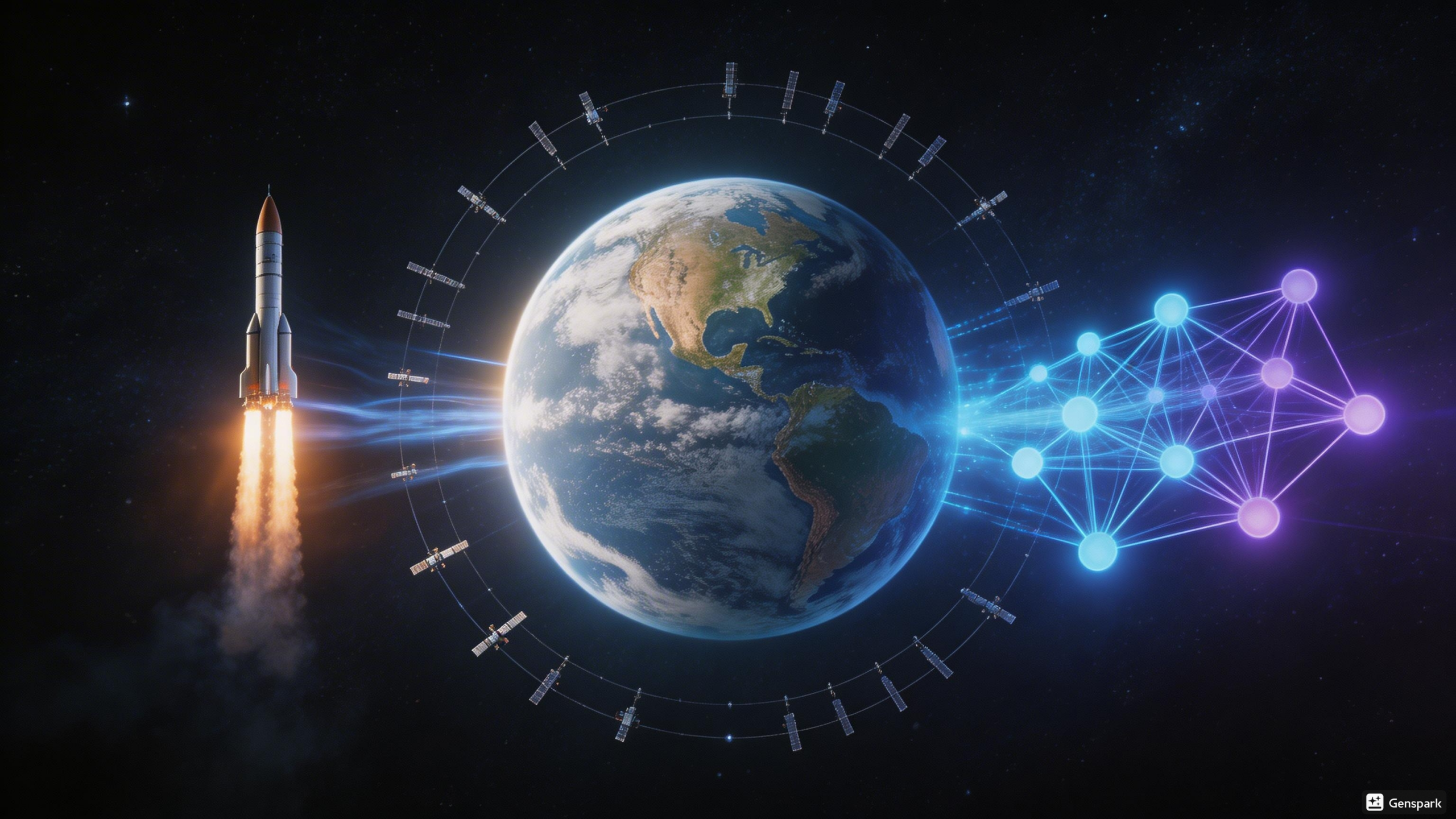 우주 공간에서 위성과 로켓, 인공지능 네트워크가 연결된 미래 기술 이미지