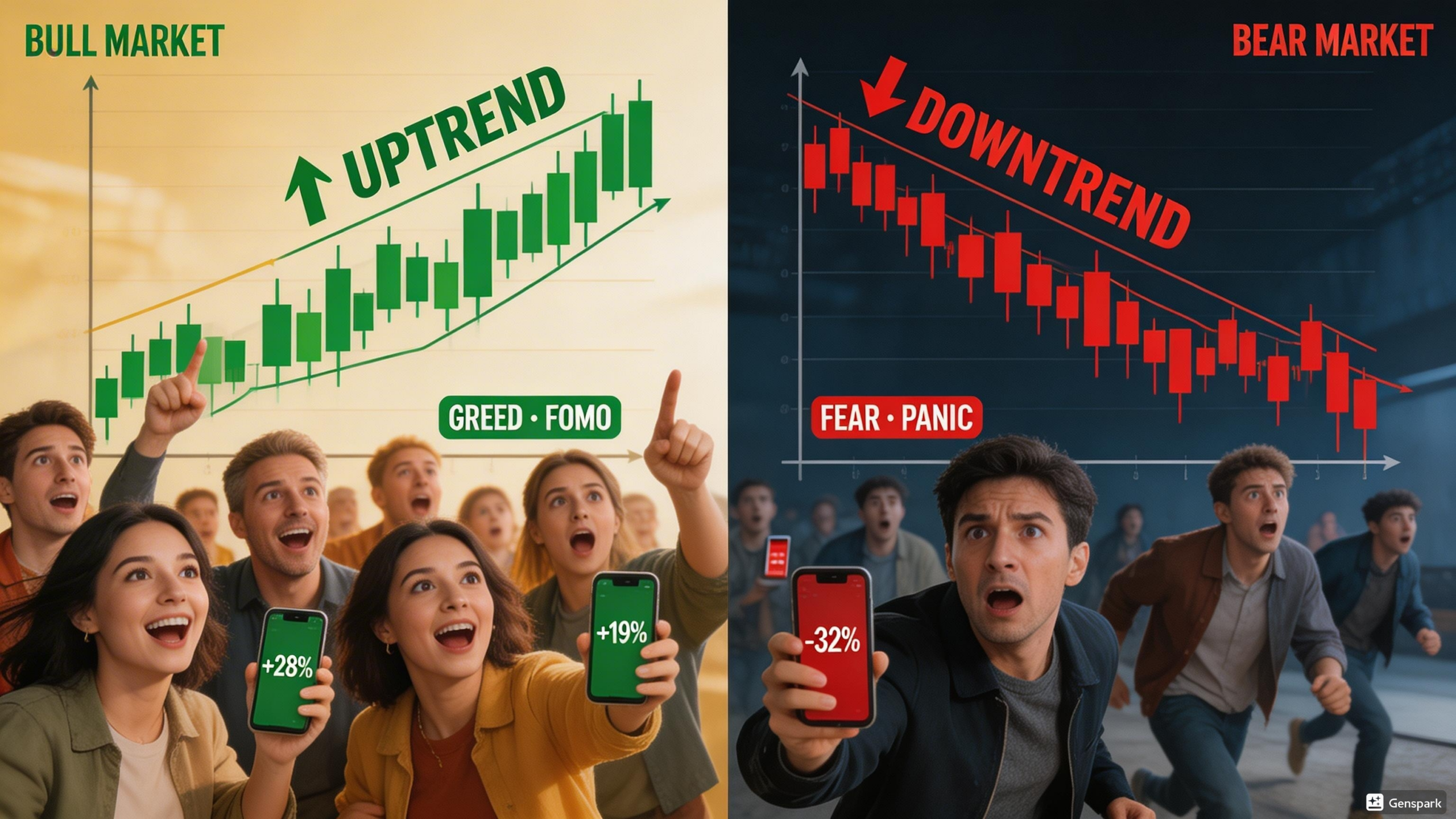 상승장에서 몰려들고 하락장에서 빠져나오는 투자자 심리를 표현한 이미지