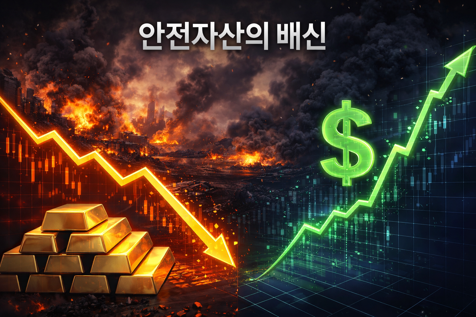 전쟁 상황 속에서 금 가격 하락과 달러 강세를 대비해 표현한 금융 시장 이미지