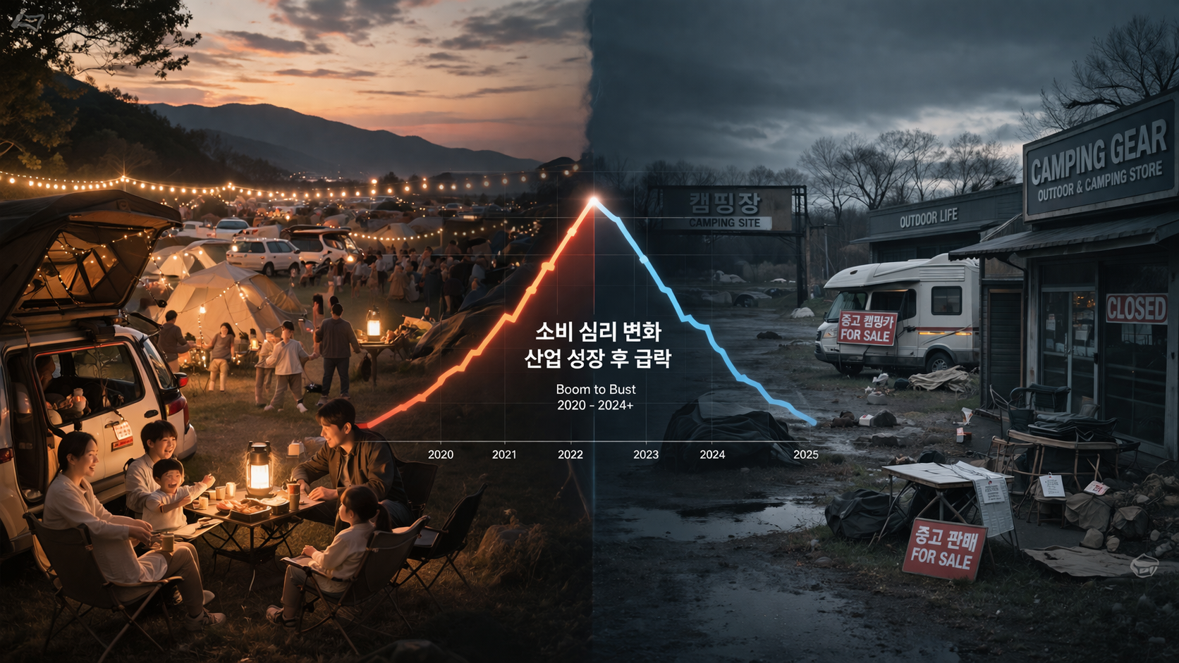코로나 시기 캠핑 붐과 현재 침체된 캠핑 산업을 대비한 시장 분석 이미지