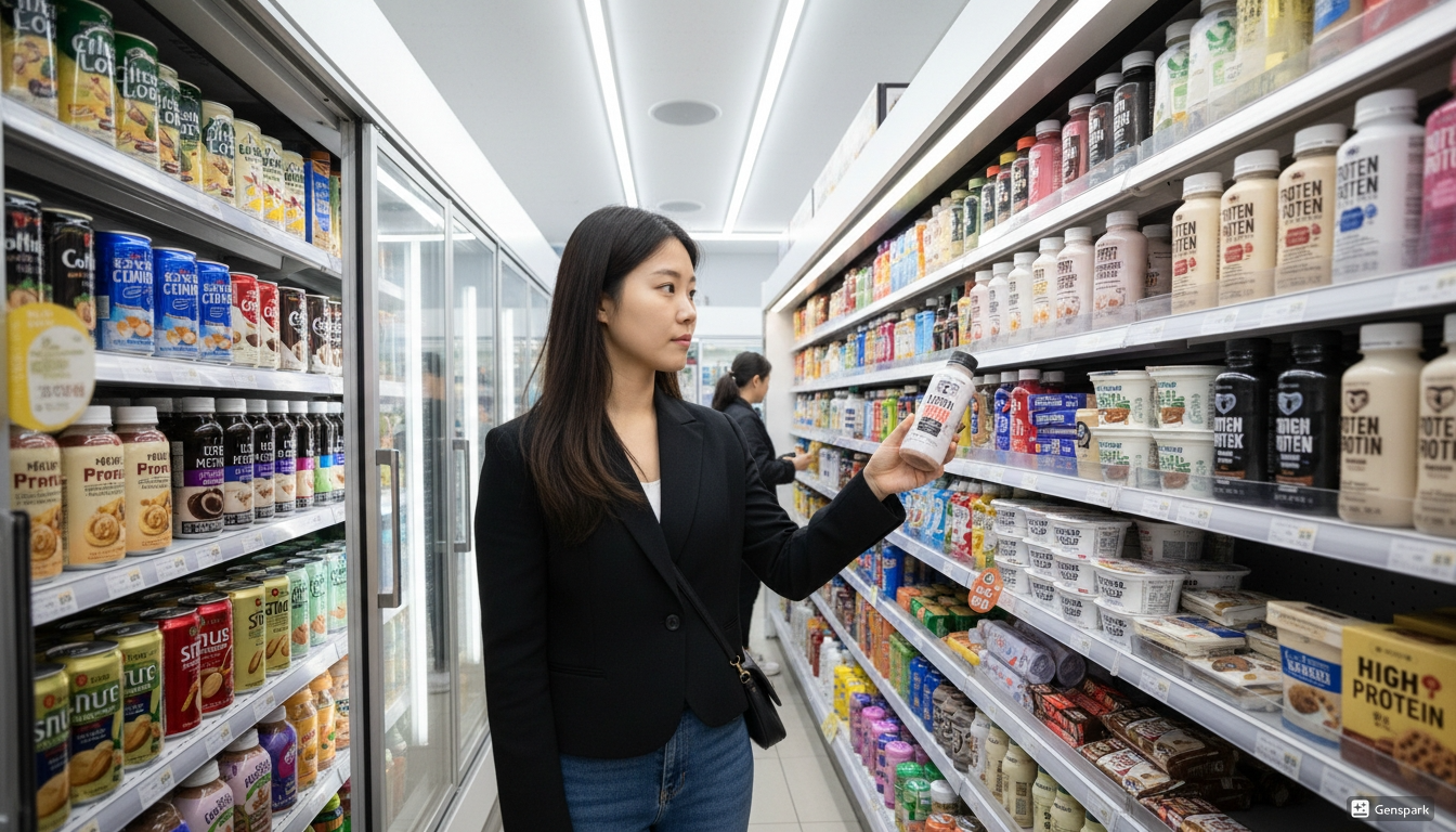 편의점에서 단백질 음료를 선택하는 소비자 모습과 변화된 소비 기준을 보여주는 이미지