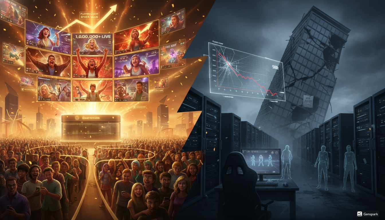 대작 게임 흥행 이후 장기적으로 흔들리는 게임회사의 운명을 보여주는 이미지