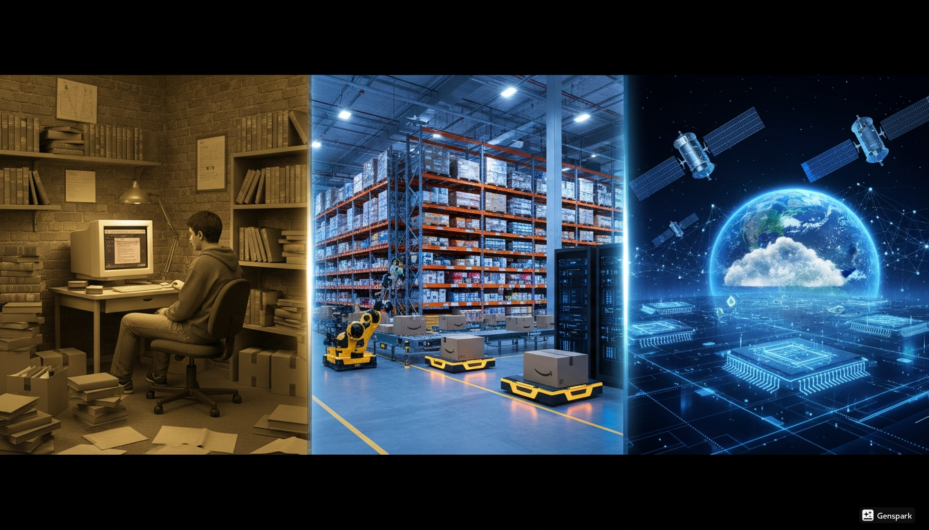 온라인 서점에서 AWS와 AI 인프라 기업으로 성장한 아마존의 역사와 미래를 보여주는 이미지