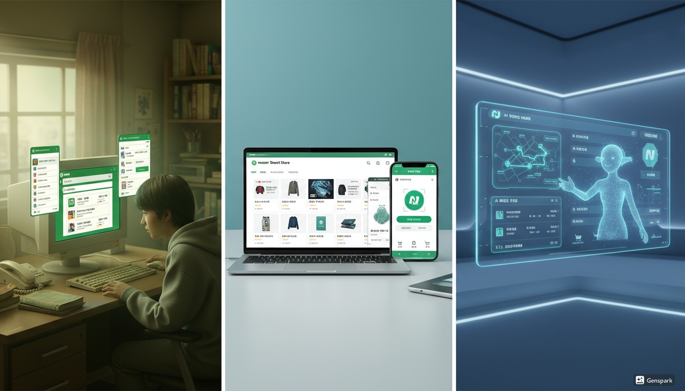 검색 포털에서 AI 생활 플랫폼으로 성장한 네이버의 과거와 미래를 보여주는 이미지