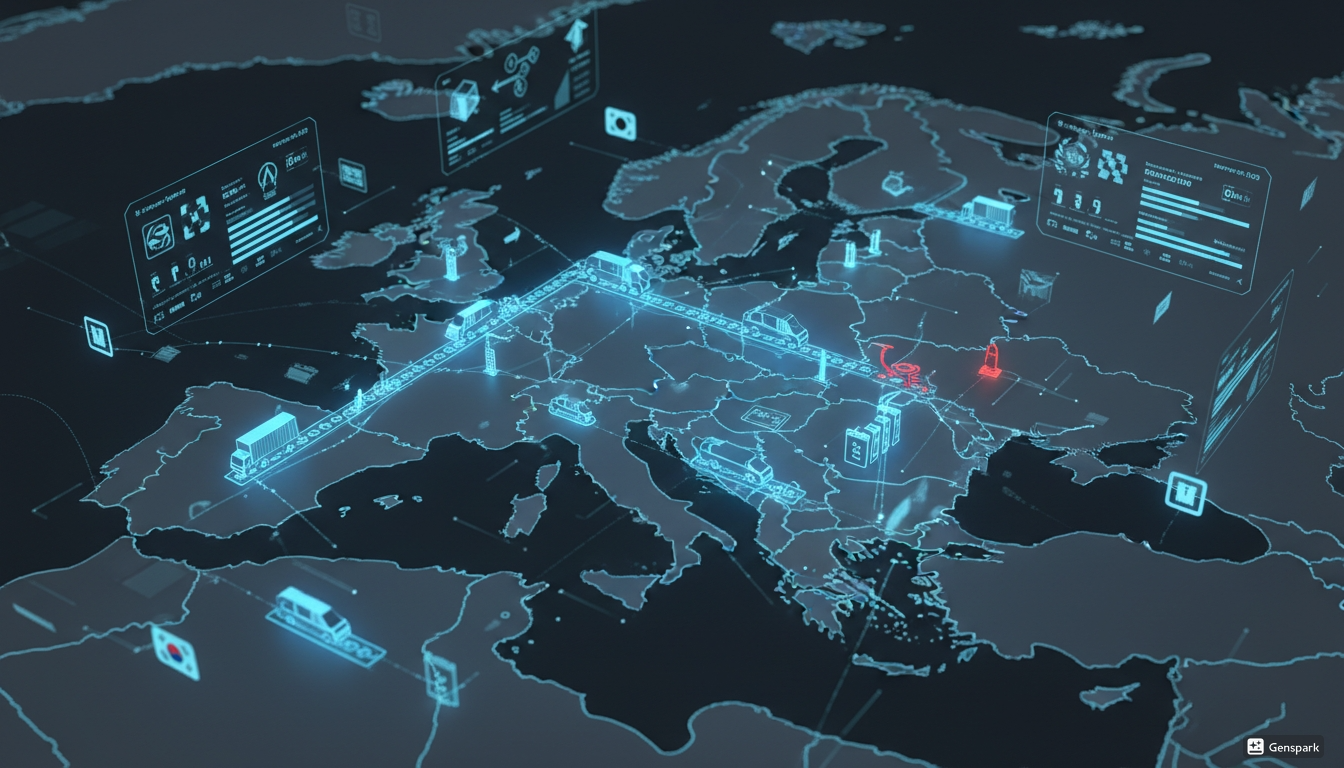 유럽 지도 위에 폴란드, 헝가리, 체코, 슬로바키아가 강조된 V4 지역과 배터리 공장, 자동차 생산라인, 물류 트럭, 전기차 공급망 아이콘이 연결된 전략 지도 이미지, 한국 기업과 중국 기업의 경쟁 구도가 느껴지는 비즈니스 분위기, 미래형 산업 분석 스타일, 블루와 다크 그레이 톤, 16:9 비율, 고해상도