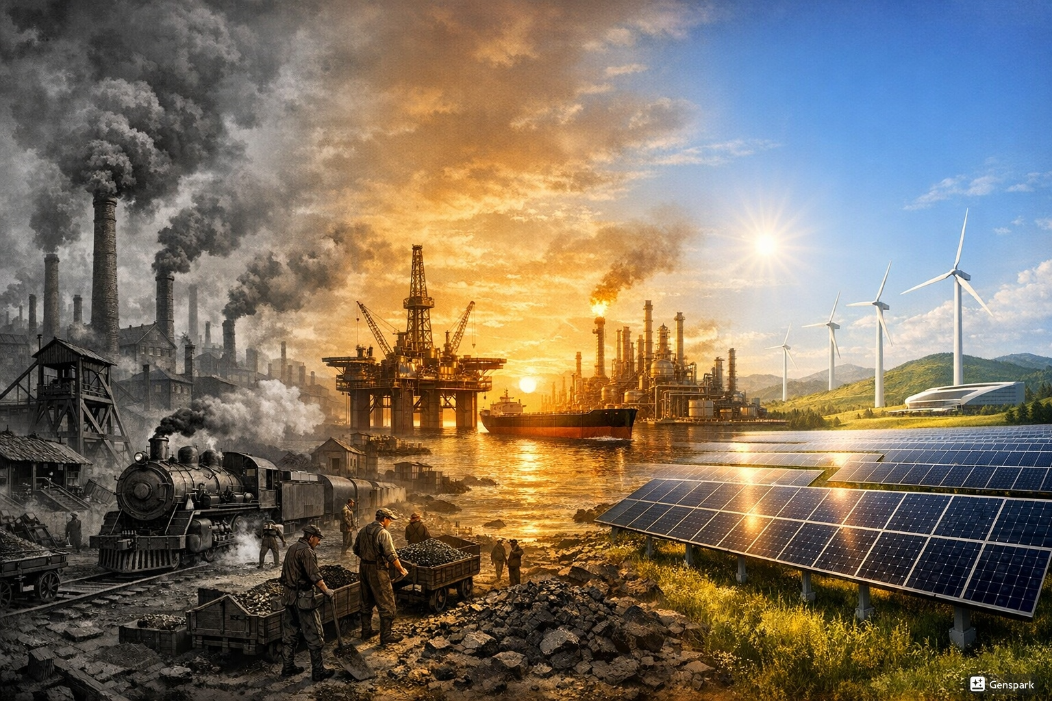 석탄에서 석유, 재생에너지와 전력망으로 이어지는 100년 에너지 경제 전환 흐름을 표현한 이미지